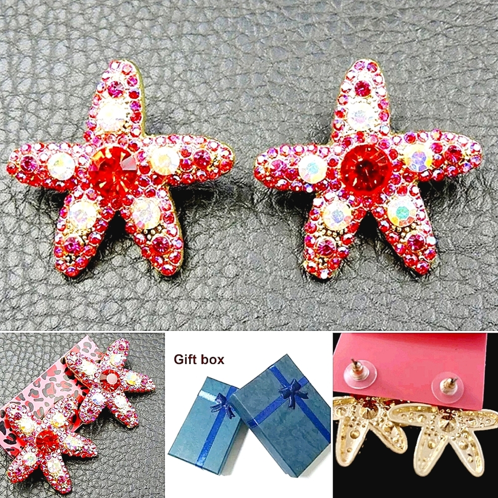 Gold plated red and white crystal starfish earrings with silver post